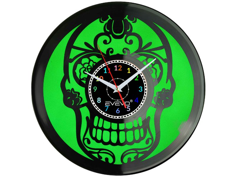 CZASZKA ŻYWE TRUPY SKELETON ZEGAR ŚCIENNY FLUORESCENCYJNE TŁO PŁYTA WINYLOWA PREZENT UPOMINEK GIFT SOUVENIR EVEVO W0062