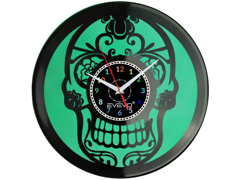 CZASZKA ŻYWE TRUPY SKELETON ZEGAR ŚCIENNY FLUORESCENCYJNE TŁO PŁYTA WINYLOWA PREZENT UPOMINEK GIFT SOUVENIR EVEVO W0062 ALLEGRO