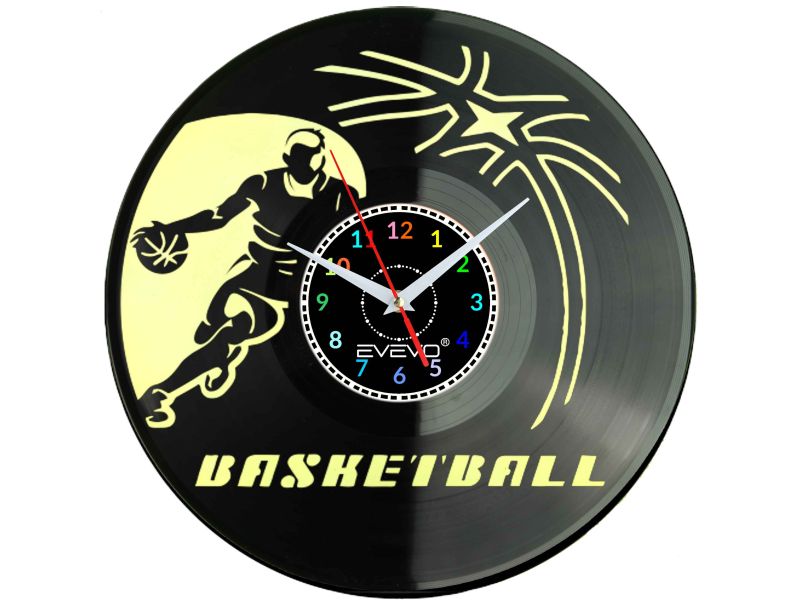 ZEGAR ŚCIENNY KOSZYKÓWKA MĘSKA FLUORESCENCYJNE TŁO PŁYTA WINYLOWA PREZENT UPOMINEK GIFT SOUVENIR EVEVO W0069