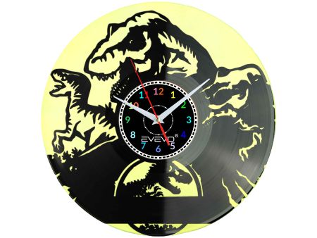 ZEGAR ŚCIENNY DINOZAUR RAPTOR REX GAD PREHISTORYCZNY FLUORESCENCYJNE TŁO PŁYTA WINYLOWA PREZENT UPOMINEK SOUVENIR EVEVO W0070