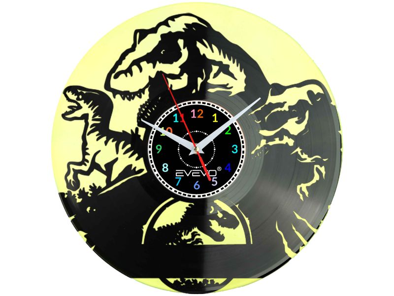 ZEGAR ŚCIENNY DINOZAUR RAPTOR REX GAD PREHISTORYCZNY FLUORESCENCYJNE TŁO PŁYTA WINYLOWA PREZENT UPOMINEK SOUVENIR EVEVO W0070