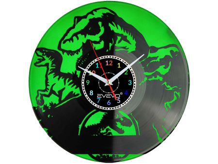 ZEGAR ŚCIENNY DINOZAUR RAPTOR REX GAD PREHISTORYCZNY FLUORESCENCYJNE TŁO PŁYTA WINYLOWA PREZENT UPOMINEK SOUVENIR EVEVO W0070