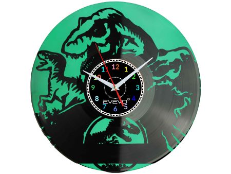 ZEGAR ŚCIENNY DINOZAUR RAPTOR REX GAD PREHISTORYCZNY FLUORESCENCYJNE TŁO PŁYTA WINYLOWA PREZENT UPOMINEK SOUVENIR EVEVO W0070