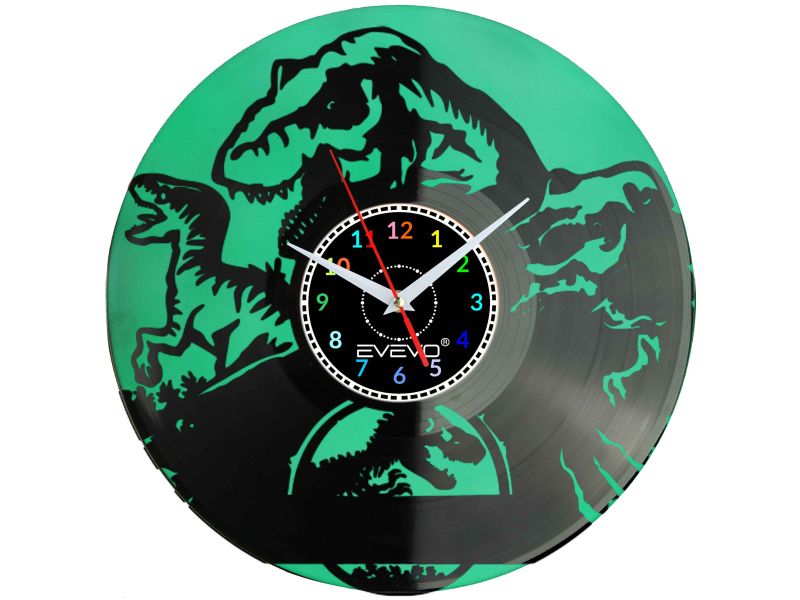 ZEGAR ŚCIENNY DINOZAUR RAPTOR REX GAD PREHISTORYCZNY FLUORESCENCYJNE TŁO PŁYTA WINYLOWA PREZENT UPOMINEK SOUVENIR EVEVO W0070