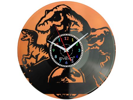 ZEGAR ŚCIENNY DINOZAUR RAPTOR REX GAD PREHISTORYCZNY FLUORESCENCYJNE TŁO PŁYTA WINYLOWA PREZENT UPOMINEK SOUVENIR EVEVO F0070