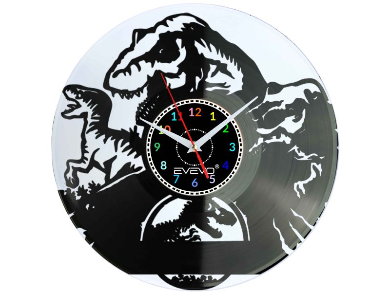 ZEGAR ŚCIENNY DINOZAUR RAPTOR REX GAD PREHISTORYCZNY FLUORESCENCYJNE TŁO PŁYTA WINYLOWA PREZENT UPOMINEK SOUVENIR EVEVO F0070