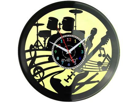 ZEGAR ŚCIENNY ZEGAR MUZYKA PERKUSJA GITARA BĘBNY FLUORESCENCYJNE TŁO PŁYTA WINYLOWA PREZENT UPOMINEK GIFT SOUVENIR EVEVO W0071