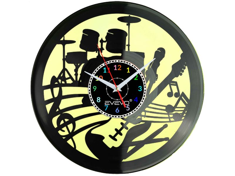 ZEGAR ŚCIENNY ZEGAR MUZYKA PERKUSJA GITARA BĘBNY FLUORESCENCYJNE TŁO PŁYTA WINYLOWA PREZENT UPOMINEK GIFT SOUVENIR EVEVO W0071