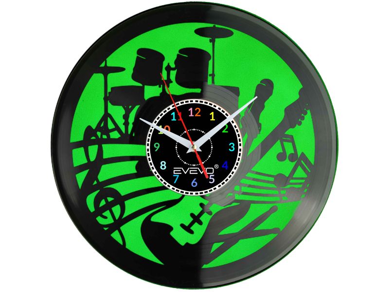 ZEGAR ŚCIENNY ZEGAR MUZYKA PERKUSJA GITARA BĘBNY FLUORESCENCYJNE TŁO PŁYTA WINYLOWA PREZENT UPOMINEK GIFT SOUVENIR EVEVO W0071