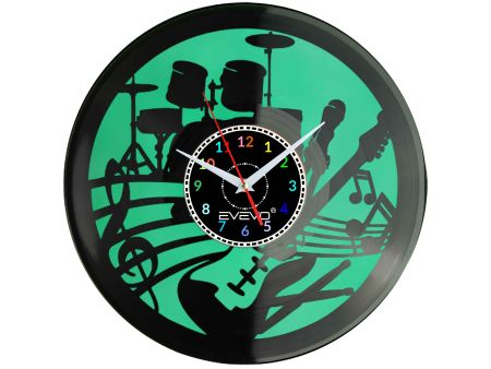 ZEGAR ŚCIENNY ZEGAR MUZYKA PERKUSJA GITARA BĘBNY FLUORESCENCYJNE TŁO PŁYTA WINYLOWA PREZENT UPOMINEK GIFT SOUVENIR EVEVO F0071