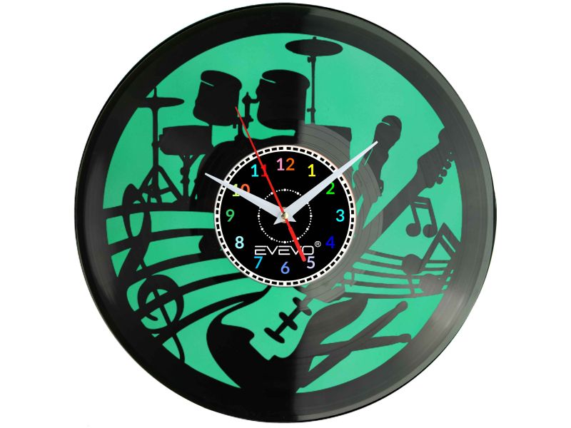 ZEGAR ŚCIENNY ZEGAR MUZYKA PERKUSJA GITARA BĘBNY FLUORESCENCYJNE TŁO PŁYTA WINYLOWA PREZENT UPOMINEK GIFT SOUVENIR EVEVO F0071