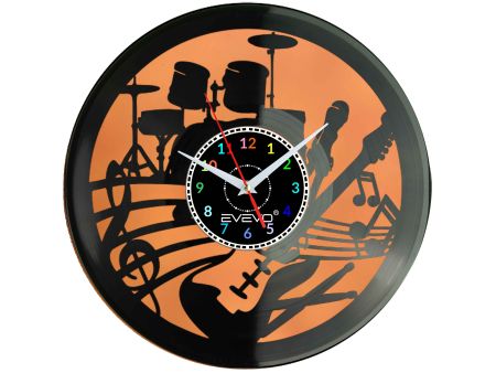 ZEGAR ŚCIENNY ZEGAR MUZYKA PERKUSJA GITARA BĘBNY FLUORESCENCYJNE TŁO PŁYTA WINYLOWA PREZENT UPOMINEK GIFT SOUVENIR EVEVO F0071