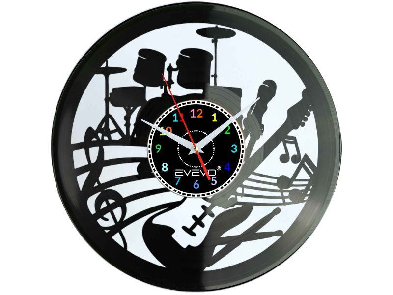 ZEGAR ŚCIENNY ZEGAR MUZYKA PERKUSJA GITARA BĘBNY FLUORESCENCYJNE TŁO PŁYTA WINYLOWA PREZENT UPOMINEK GIFT SOUVENIR EVEVO F0071