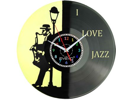 ZEGAR ŚCIENNY LOVE JAZZ MUZYKA SAKSOFON FLUORESCENCYJNE TŁO PŁYTA WINYLOWA PREZENT UPOMINEK GIFT SOUVENIR EVEVO W0077