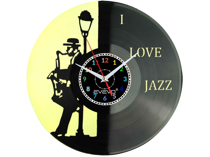 ZEGAR ŚCIENNY LOVE JAZZ MUZYKA SAKSOFON FLUORESCENCYJNE TŁO PŁYTA WINYLOWA PREZENT UPOMINEK GIFT SOUVENIR EVEVO W0077