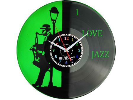 ZEGAR ŚCIENNY LOVE JAZZ MUZYKA SAKSOFON FLUORESCENCYJNE TŁO PŁYTA WINYLOWA PREZENT UPOMINEK GIFT SOUVENIR EVEVO W0077