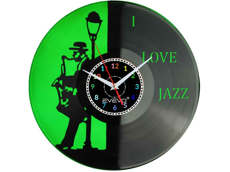 ZEGAR ŚCIENNY LOVE JAZZ MUZYKA SAKSOFON FLUORESCENCYJNE TŁO PŁYTA WINYLOWA PREZENT UPOMINEK GIFT SOUVENIR EVEVO W0077