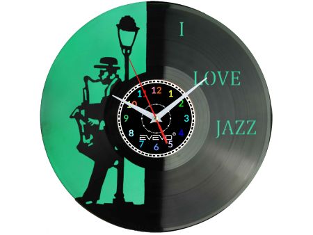 ZEGAR ŚCIENNY LOVE JAZZ MUZYKA SAKSOFON FLUORESCENCYJNE TŁO PŁYTA WINYLOWA PREZENT UPOMINEK GIFT SOUVENIR EVEVO W0077 ALLEGRO