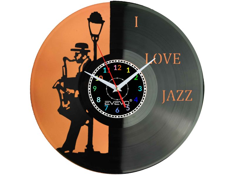 ZEGAR ŚCIENNY LOVE JAZZ MUZYKA SAKSOFON FLUORESCENCYJNE TŁO PŁYTA WINYLOWA PREZENT UPOMINEK GIFT SOUVENIR EVEVO W0077 AMAZON