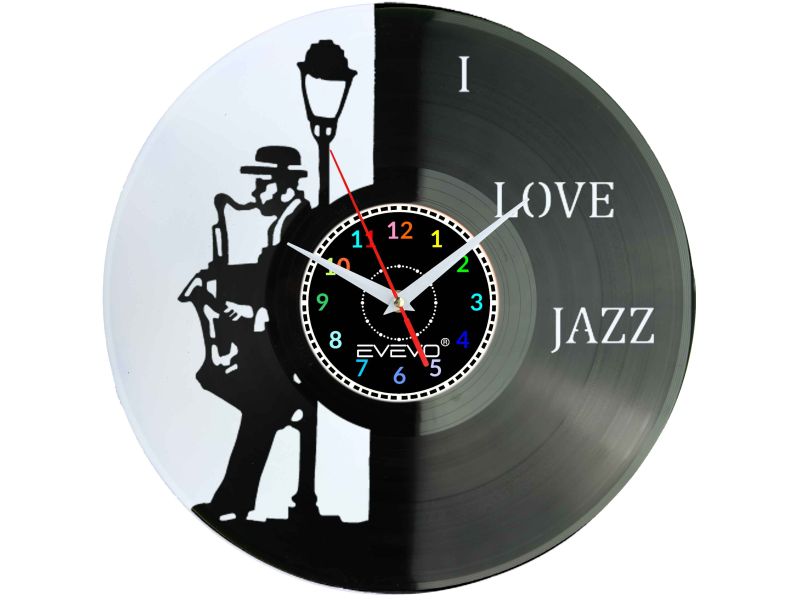 ZEGAR ŚCIENNY LOVE JAZZ MUZYKA SAKSOFON FLUORESCENCYJNE TŁO PŁYTA WINYLOWA PREZENT UPOMINEK GIFT SOUVENIR EVEVO W0077 GOOGLE