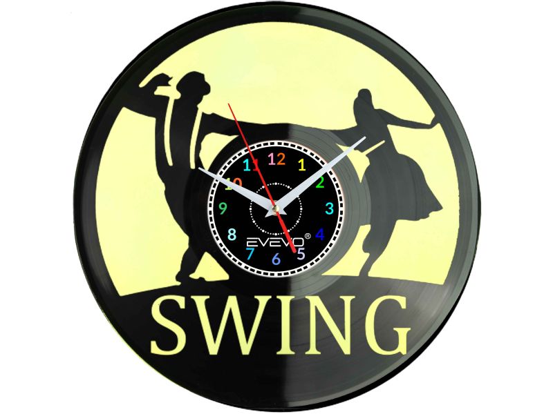 ZEGAR ŚCIENNY TANIEC SWING LINDY HOP JITTERBUG FLUORESCENCYJNE TŁO PŁYTA WINYLOWA PREZENT UPOMINEKA GIFT SOUVENIR EVEVO W0081