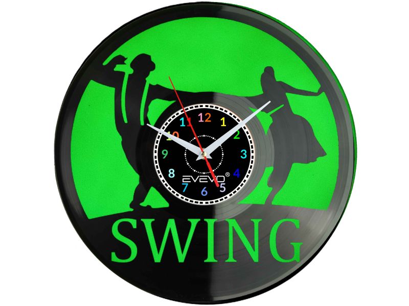 ZEGAR ŚCIENNY TANIEC SWING LINDY HOP JITTERBUG FLUORESCENCYJNE TŁO PŁYTA WINYLOWA PREZENT UPOMINEKA GIFT SOUVENIR EVEVO W0081