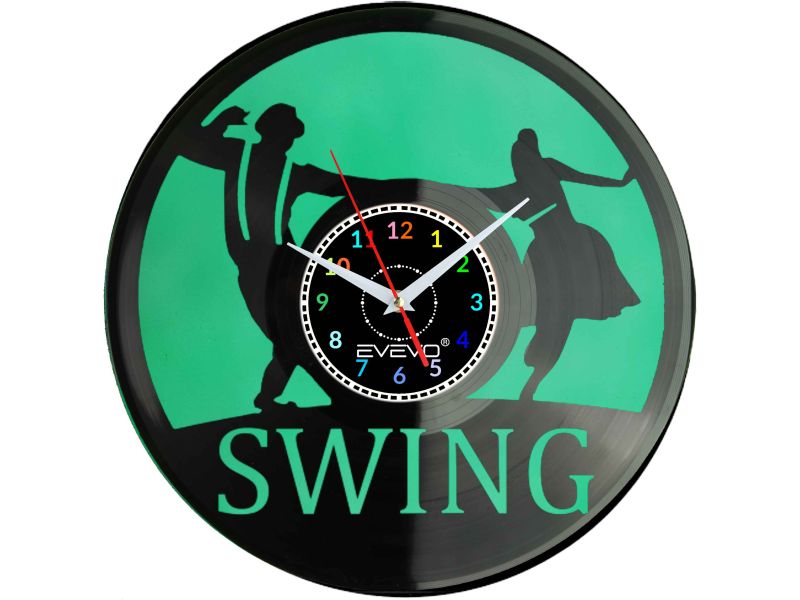 ZEGAR ŚCIENNY TANIEC SWING LINDY HOP JITTERBUG FLUORESCENCYJNE TŁO PŁYTA WINYLOWA PREZENT UPOMINEKA GIFT SOUVENIR EVEVO F0081