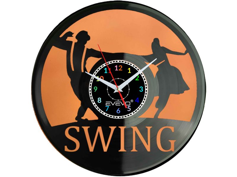 ZEGAR ŚCIENNY TANIEC SWING LINDY HOP JITTERBUG FLUORESCENCYJNE TŁO PŁYTA WINYLOWA PREZENT UPOMINEKA GIFT SOUVENIR EVEVO F0081