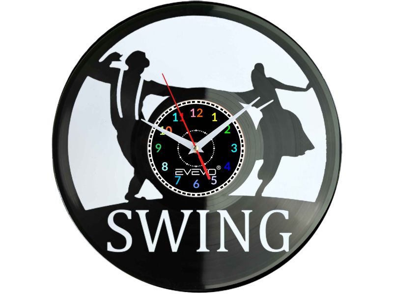 ZEGAR ŚCIENNY TANIEC SWING LINDY HOP JITTERBUG FLUORESCENCYJNE TŁO PŁYTA WINYLOWA PREZENT UPOMINEKA GIFT SOUVENIR EVEVO F0081