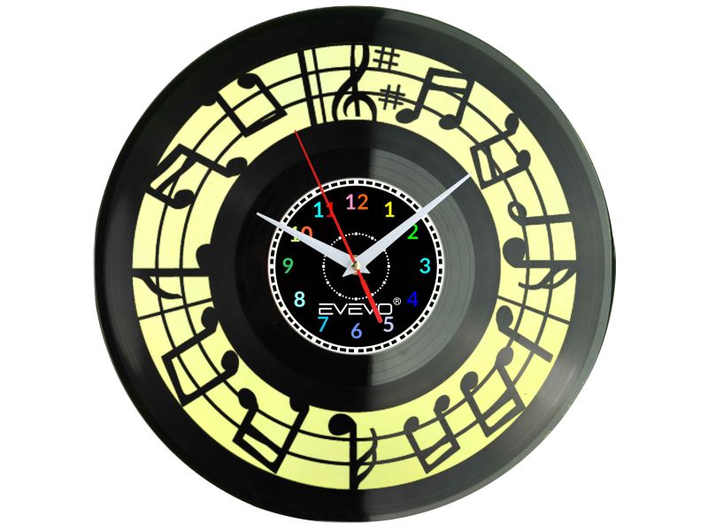 ZEGAR ŚCIENNY NUTY MUZYKA PARTYTURA FLUORESCENCYJNE TŁO PŁYTA WINYLOWA PREZENT UPOMINEKA GIFT SOUVENIR EVEVO W0082