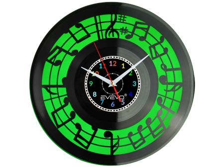 ZEGAR ŚCIENNY NUTY MUZYKA PARTYTURA FLUORESCENCYJNE TŁO PŁYTA WINYLOWA PREZENT UPOMINEKA GIFT SOUVENIR EVEVO W0082