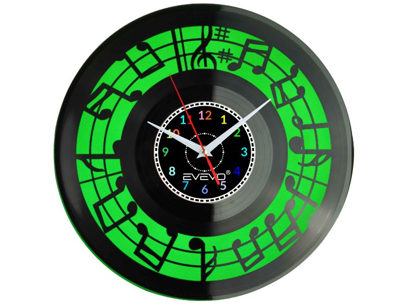 ZEGAR ŚCIENNY NUTY MUZYKA PARTYTURA FLUORESCENCYJNE TŁO PŁYTA WINYLOWA PREZENT UPOMINEKA GIFT SOUVENIR EVEVO W0082