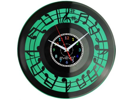 ZEGAR ŚCIENNY NUTY MUZYKA PARTYTURA FLUORESCENCYJNE TŁO PŁYTA WINYLOWA PREZENT UPOMINEKA GIFT SOUVENIR EVEVO W0082 ALLEGRO