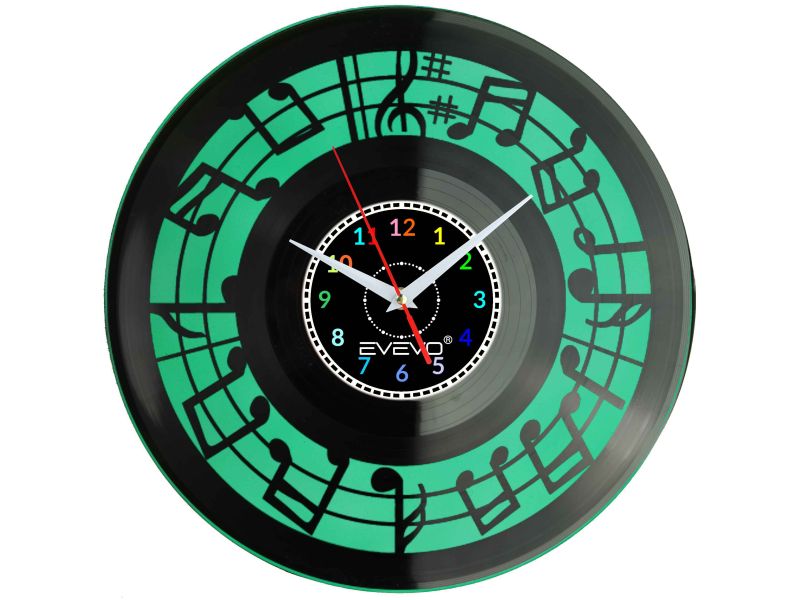 ZEGAR ŚCIENNY NUTY MUZYKA PARTYTURA FLUORESCENCYJNE TŁO PŁYTA WINYLOWA PREZENT UPOMINEKA GIFT SOUVENIR EVEVO W0082 ALLEGRO