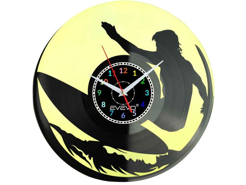 SURFING JAZDA NA FALI SURFOWANIE ZEGAR ŚCIENNY FLUORESCENCYJNE TŁO PŁYTA WINYLOWA PREZENT UPOMINEKA GIFT SOUVENIR EVEVO W0083