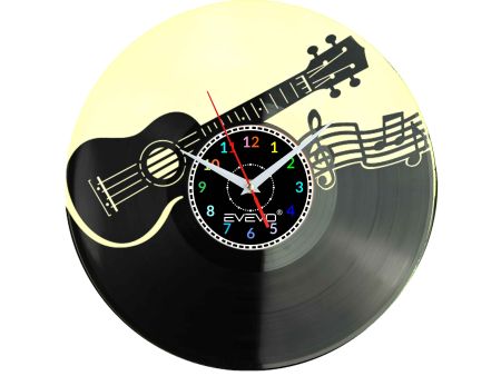 UKULELE MUZYKA ROCK 'N' ROLL GITAR ZEGAR ŚCIENNY FLUORESCENCYJNE TŁO PŁYTA WINYLOWA PREZENT UPOMINEKA EVEVO F0088