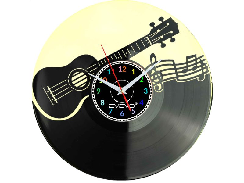 UKULELE MUZYKA ROCK 'N' ROLL GITAR ZEGAR ŚCIENNY FLUORESCENCYJNE TŁO PŁYTA WINYLOWA PREZENT UPOMINEKA EVEVO F0088