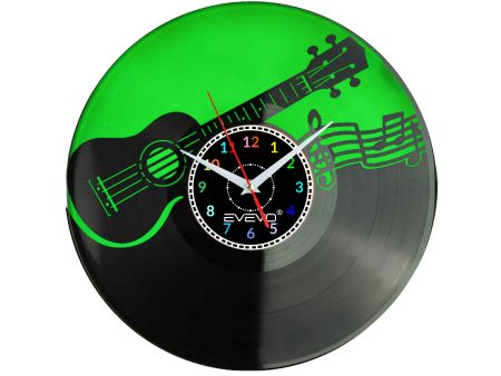 UKULELE MUZYKA ROCK 'N' ROLL GITAR ZEGAR ŚCIENNY FLUORESCENCYJNE TŁO PŁYTA WINYLOWA PREZENT UPOMINEKA EVEVO F0088