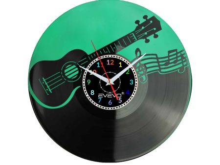 UKULELE MUZYKA ROCK 'N' ROLL GITAR ZEGAR ŚCIENNY FLUORESCENCYJNE TŁO PŁYTA WINYLOWA PREZENT UPOMINEKA EVEVO F0088