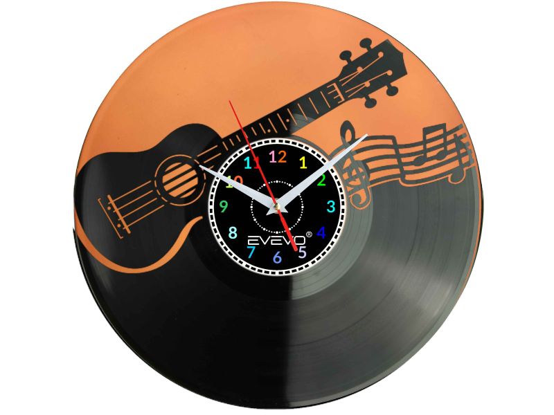 UKULELE MUZYKA ROCK 'N' ROLL GITAR ZEGAR ŚCIENNY FLUORESCENCYJNE TŁO PŁYTA WINYLOWA PREZENT UPOMINEKA EVEVO F0088