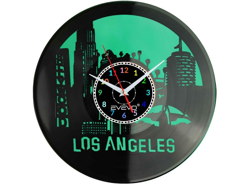 LOS ANGELES MIASTO ANIOŁÓW L.A. USA CALIFORNIA ZEGAR ŚCIENNY FLUORESCENCYJNE TŁO PŁYTA WINYLOWA PREZENT UPOMINEKA EVEVO F0089