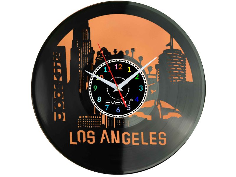 LOS ANGELES MIASTO ANIOŁÓW L.A. USA CALIFORNIA ZEGAR ŚCIENNY FLUORESCENCYJNE TŁO PŁYTA WINYLOWA PREZENT UPOMINEKA EVEVO F0089