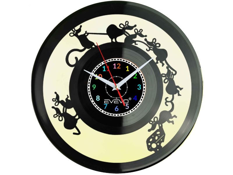 MYSZ SZCZUREK MYSZKA I SER ZEGAR ŚCIENNY FLUORESCENCYJNE TŁO PŁYTA WINYLOWA PREZENT UPOMINEKA GIFT EVEVO W0093