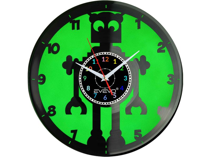 ZEGAR ŚCIENNY ROBOT Z PRZYSZŁOŚCI FLUORESCENCYJNE TŁO PŁYTA WINYLOWA PREZENT UPOMINEKA GIFT SOUVENIR EVEVO W0096