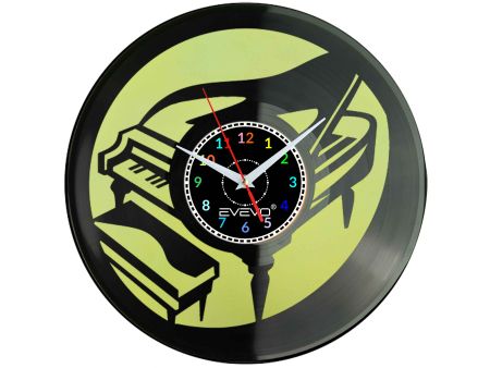 ZEGAR ŚCIENNY MUZYKA FORTEPIAN PIANOFORTE FLUORESCENCYJNE TŁO PŁYTA WINYLOWA PREZENT UPOMINEKA GIFT SOUVENIR EVEVO W0096