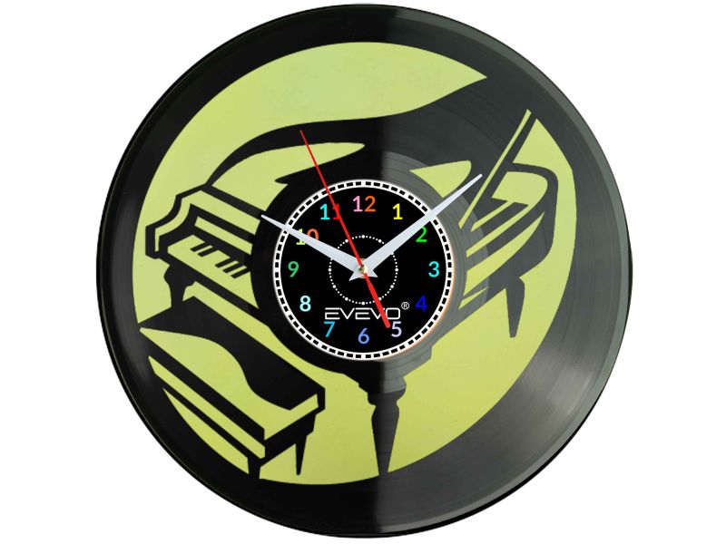 ZEGAR ŚCIENNY MUZYKA FORTEPIAN PIANOFORTE FLUORESCENCYJNE TŁO PŁYTA WINYLOWA PREZENT UPOMINEKA GIFT SOUVENIR EVEVO W0096