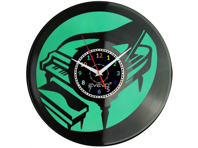 ZEGAR ŚCIENNY MUZYKA FORTEPIAN PIANOFORTE FLUORESCENCYJNE TŁO PŁYTA WINYLOWA PREZENT UPOMINEKA GIFT SOUVENIR EVEVO W0096 ALLEGRO