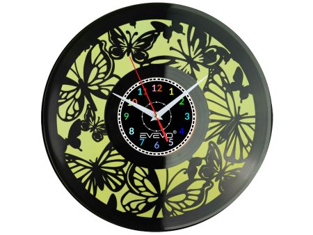 ZEGAR ŚCIENNY MOTYLE MOTYLKI ENTOMOLOGIA LATAWCE FLUORESCENCYJNE TŁO PŁYTA WINYLOWA PREZENT UPOMINEKA GIFT SOUVENIR EVEVO W0098