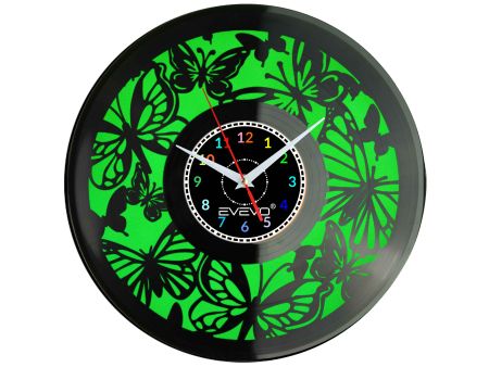 ZEGAR ŚCIENNY MOTYLE MOTYLKI ENTOMOLOGIA LATAWCE FLUORESCENCYJNE TŁO PŁYTA WINYLOWA PREZENT UPOMINEKA GIFT SOUVENIR EVEVO W0098