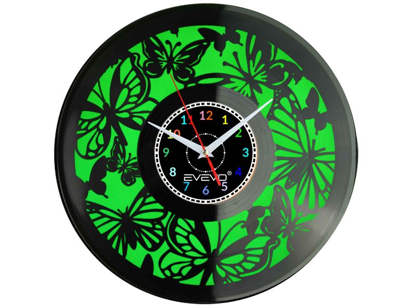 ZEGAR ŚCIENNY MOTYLE MOTYLKI ENTOMOLOGIA LATAWCE FLUORESCENCYJNE TŁO PŁYTA WINYLOWA PREZENT UPOMINEKA GIFT SOUVENIR EVEVO W0098